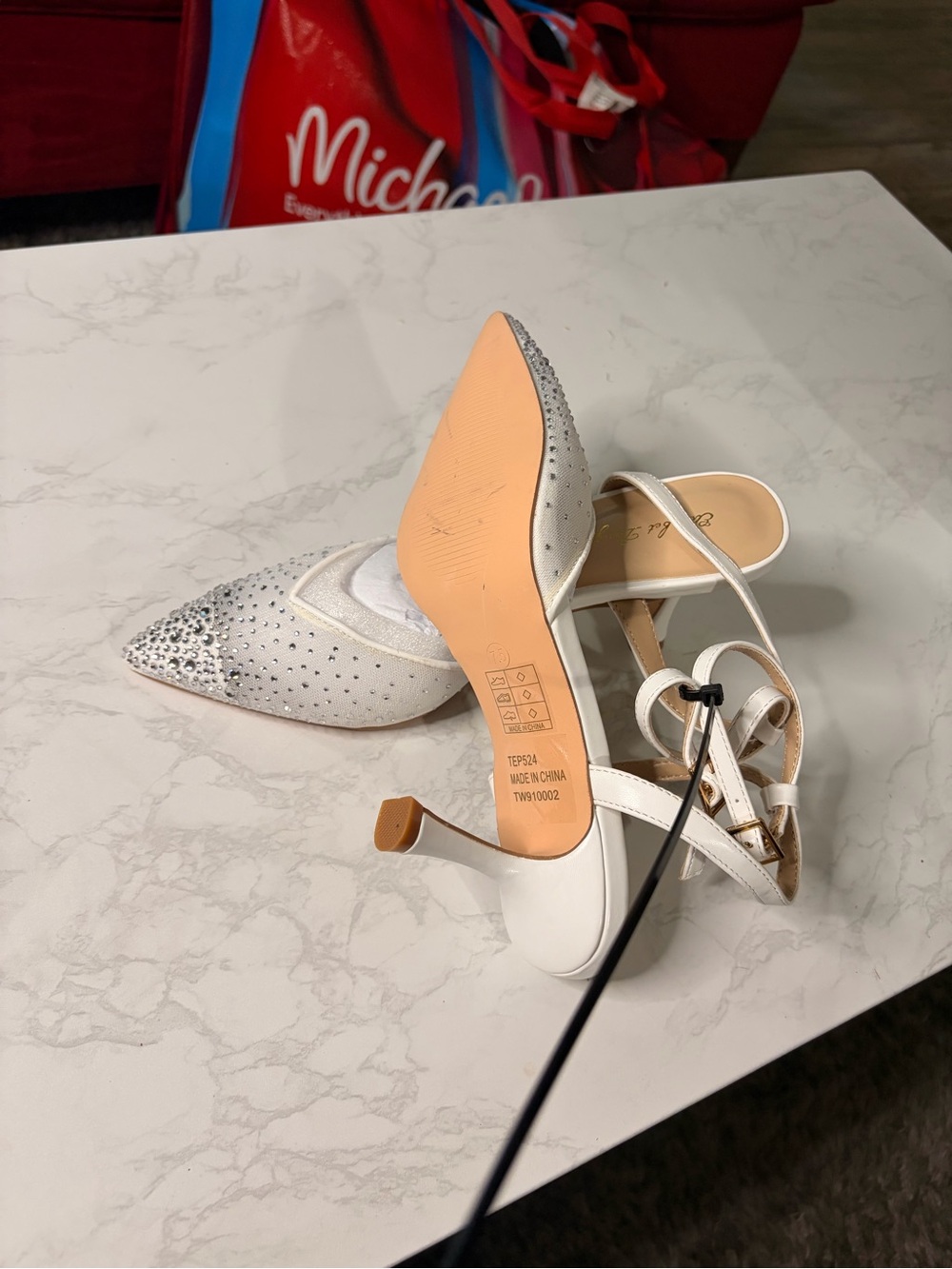 Pointed-Toe White Rhinestone Ankle-Strap Heels - Picture 7 of 8